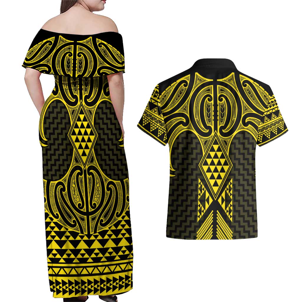 Mahi-dawg Maori Ta Moko Poutama Art Couples Matching Off Shoulder Maxi Dress and Hawaiian Shirt