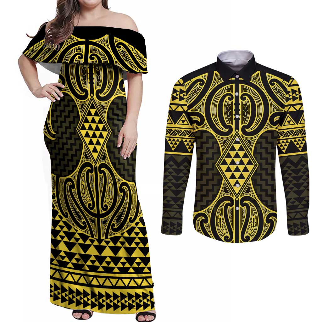 Mahi-dawg Maori Ta Moko Poutama Art Couples Matching Off Shoulder Maxi Dress and Long Sleeve Button Shirt