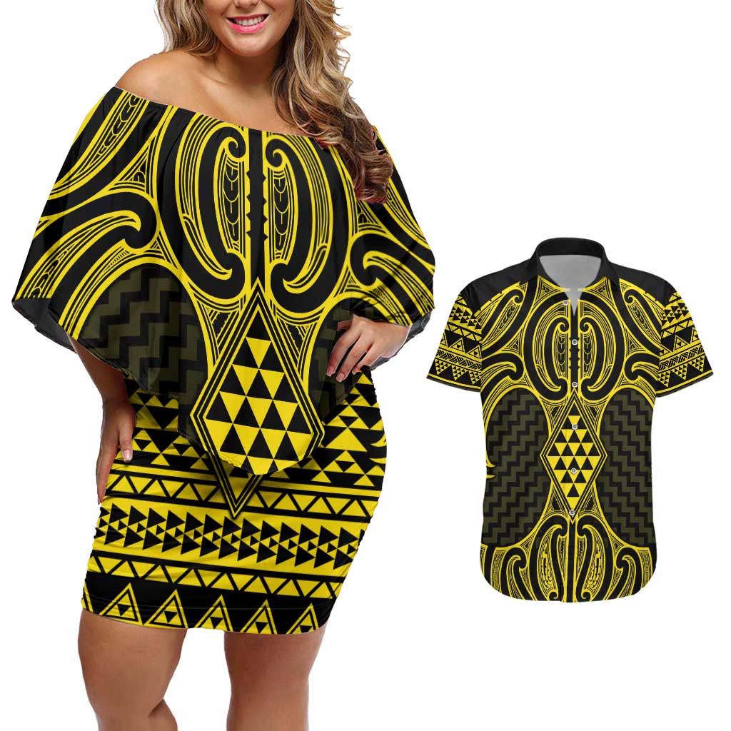 Mahi-dawg Maori Ta Moko Poutama Art Couples Matching Off Shoulder Short Dress and Hawaiian Shirt