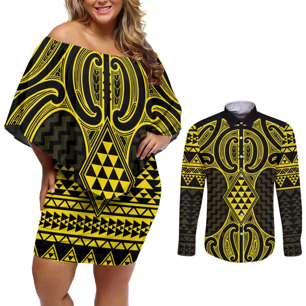 Mahi-dawg Maori Ta Moko Poutama Art Couples Matching Off Shoulder Short Dress and Long Sleeve Button Shirt