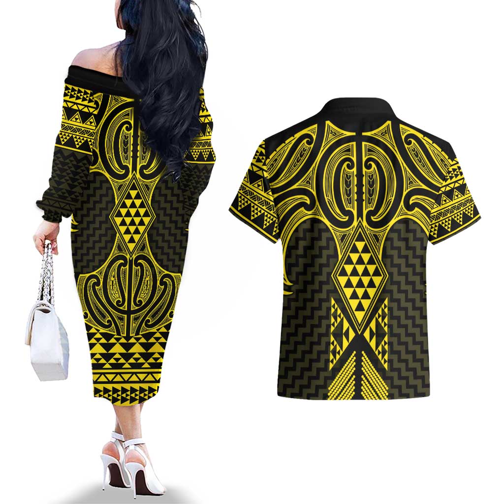Mahi-dawg Maori Ta Moko Poutama Art Couples Matching Off The Shoulder Long Sleeve Dress and Hawaiian Shirt