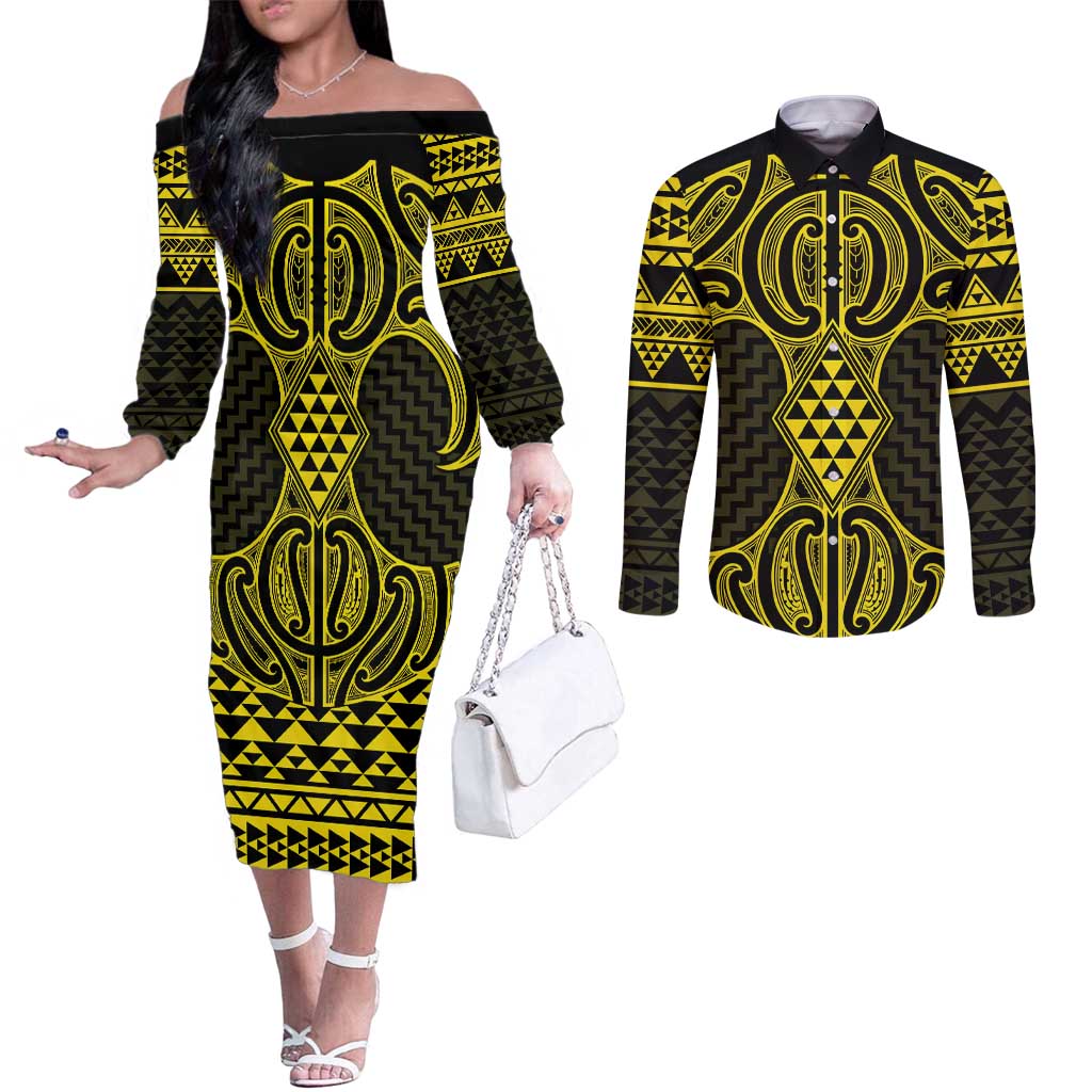 Mahi-dawg Maori Ta Moko Poutama Art Couples Matching Off The Shoulder Long Sleeve Dress and Long Sleeve Button Shirt