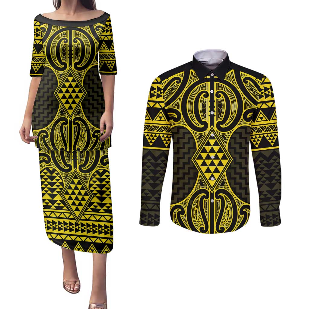Mahi-dawg Maori Ta Moko Poutama Art Couples Matching Puletasi and Long Sleeve Button Shirt