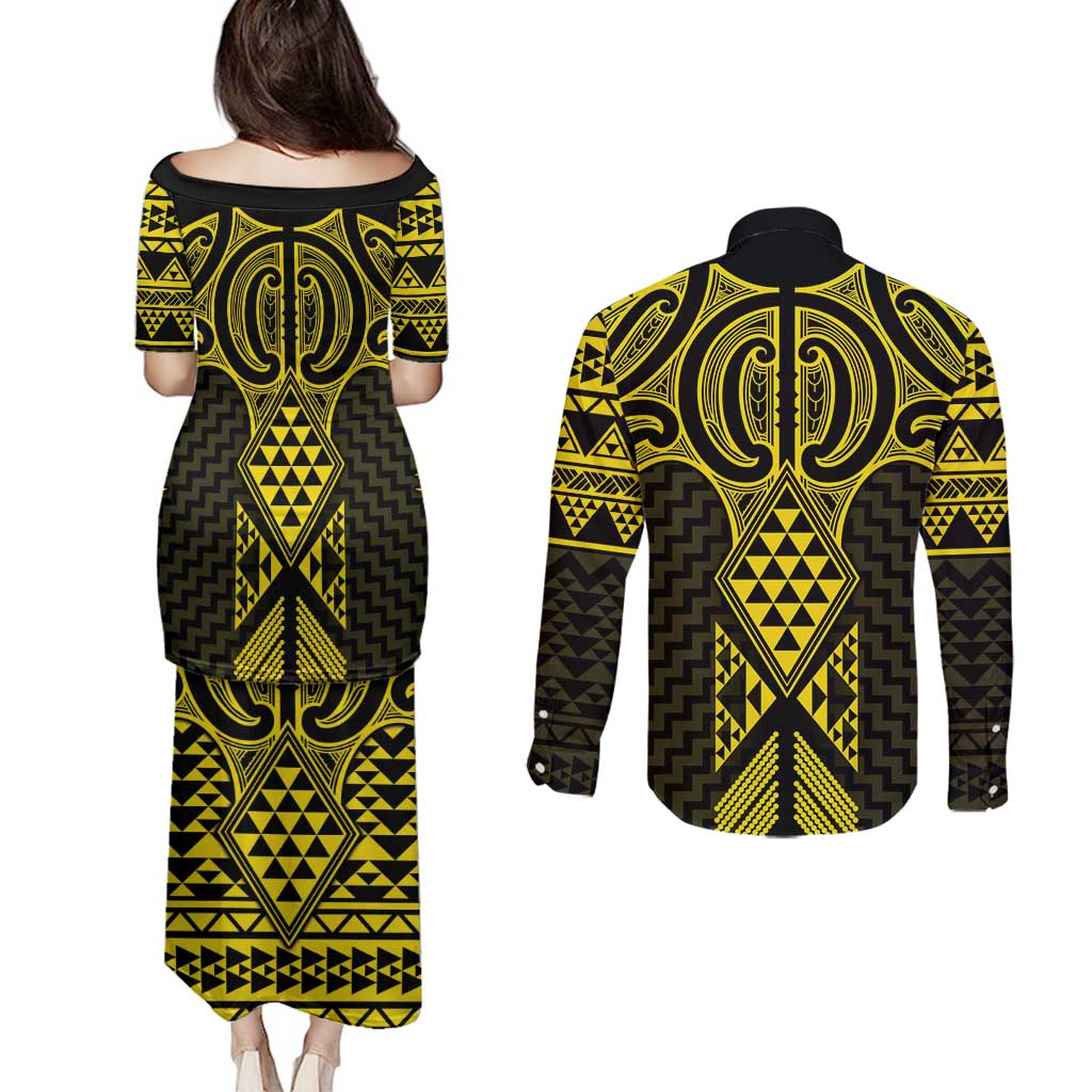 Mahi-dawg Maori Ta Moko Poutama Art Couples Matching Puletasi and Long Sleeve Button Shirt LT9 - Polynesian Pride