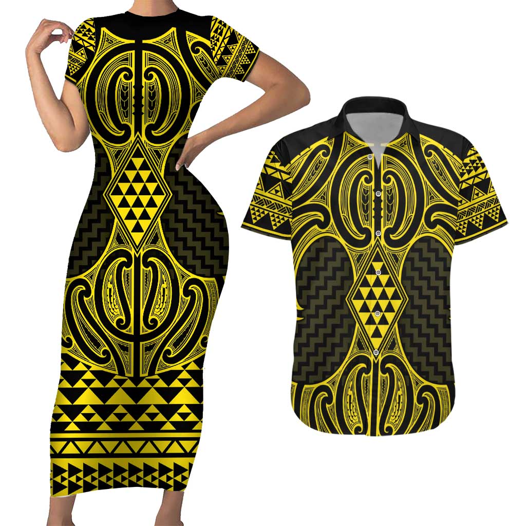 Mahi-dawg Maori Ta Moko Poutama Art Couples Matching Short Sleeve Bodycon Dress and Hawaiian Shirt