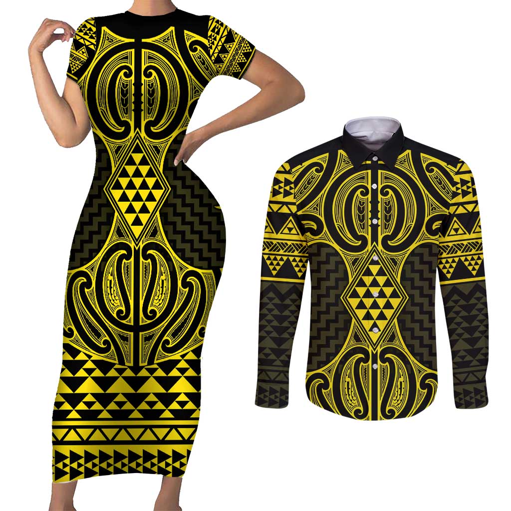Mahi-dawg Maori Ta Moko Poutama Art Couples Matching Short Sleeve Bodycon Dress and Long Sleeve Button Shirt