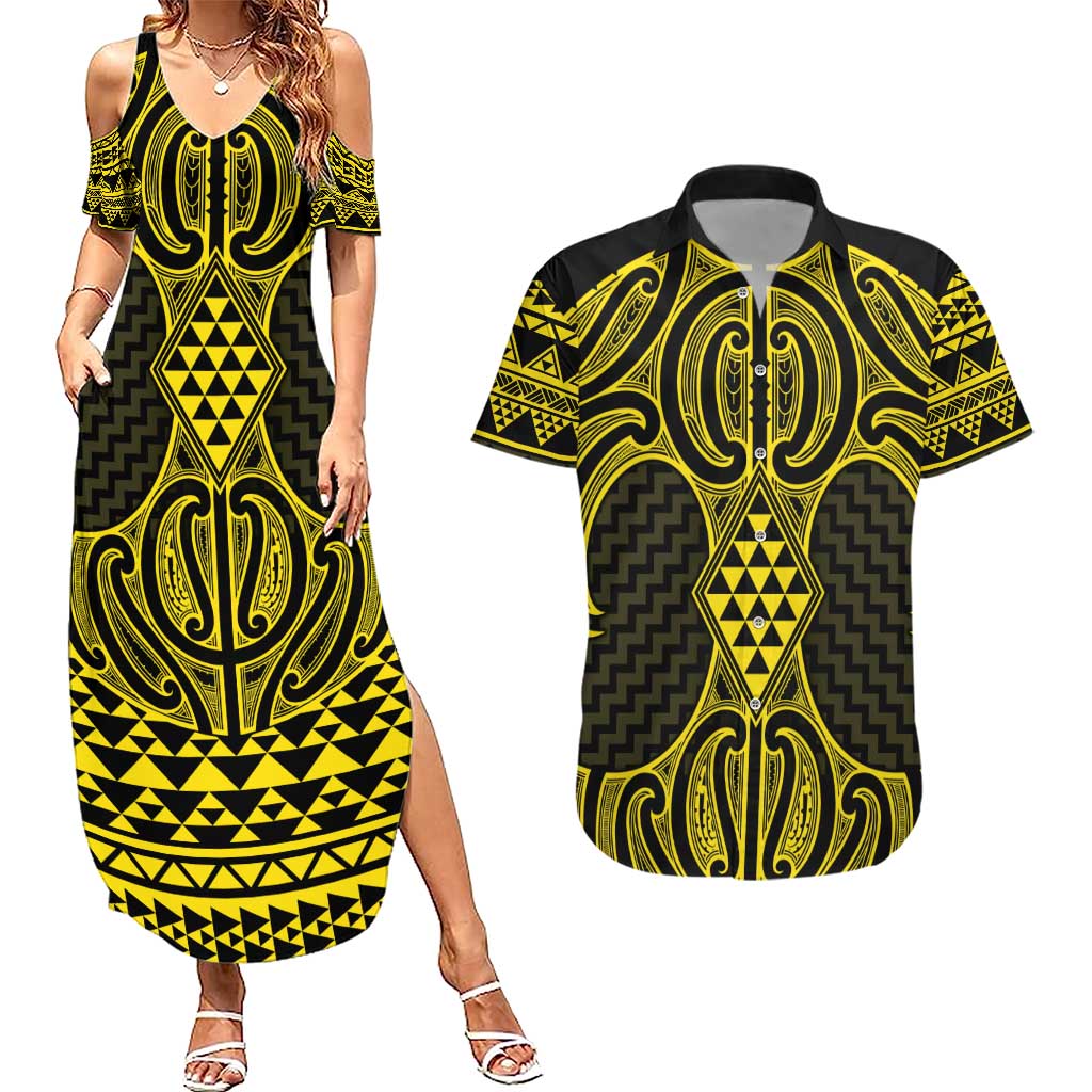 Mahi-dawg Maori Ta Moko Poutama Art Couples Matching Summer Maxi Dress and Hawaiian Shirt