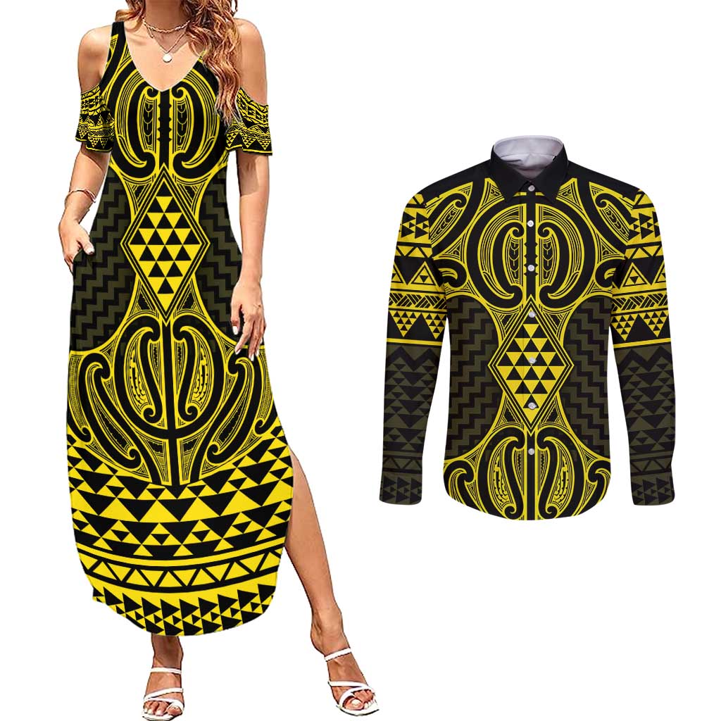 Mahi-dawg Maori Ta Moko Poutama Art Couples Matching Summer Maxi Dress and Long Sleeve Button Shirt