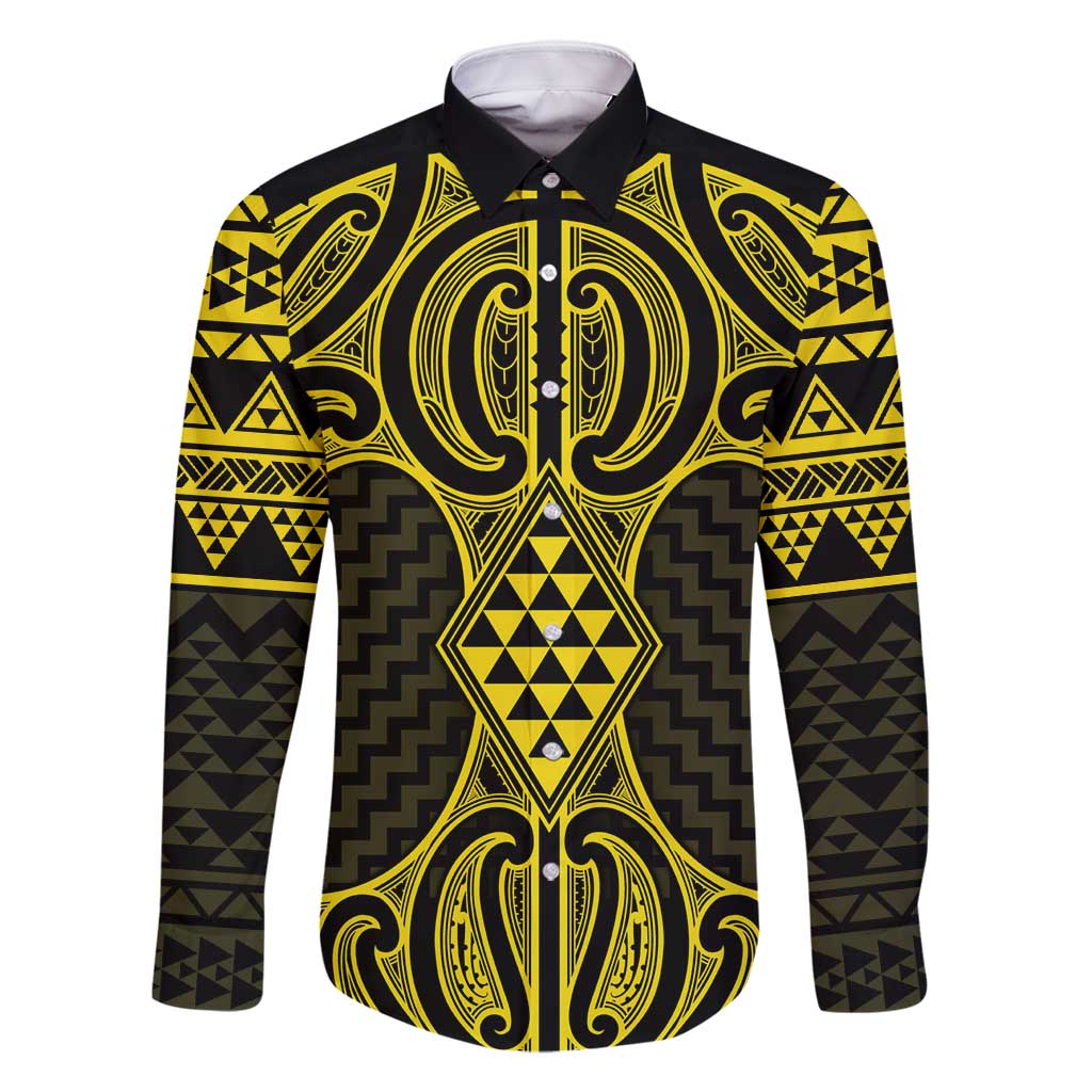 Mahi-dawg Maori Ta Moko Poutama Art Family Matching Tank Maxi Dress and Hawaiian Shirt LT9 Dad's Shirt - Long Sleeve Yellow - Polynesian Pride