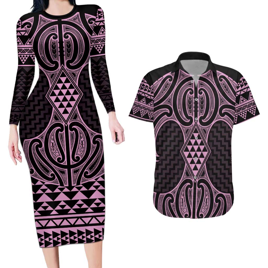 Mawhero Maori Ta Moko Poutama Art Couples Matching Long Sleeve Bodycon Dress and Hawaiian Shirt