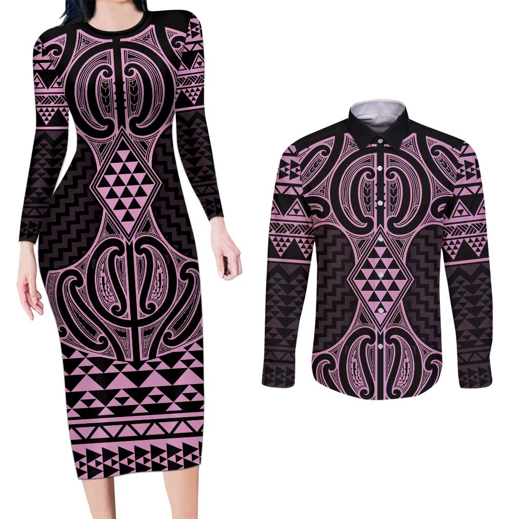 Mawhero Maori Ta Moko Poutama Art Couples Matching Long Sleeve Bodycon Dress and Long Sleeve Button Shirt