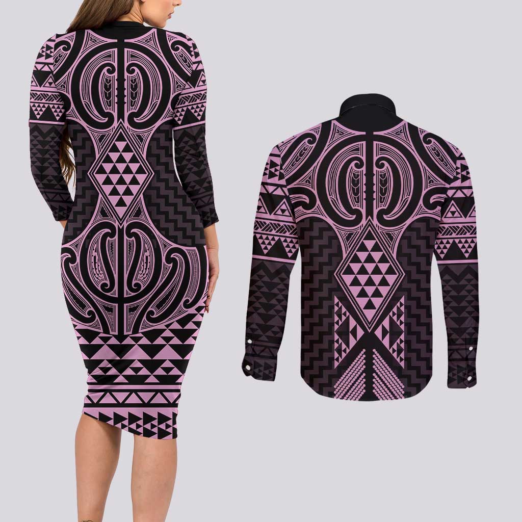 Mawhero Maori Ta Moko Poutama Art Couples Matching Long Sleeve Bodycon Dress and Long Sleeve Button Shirt