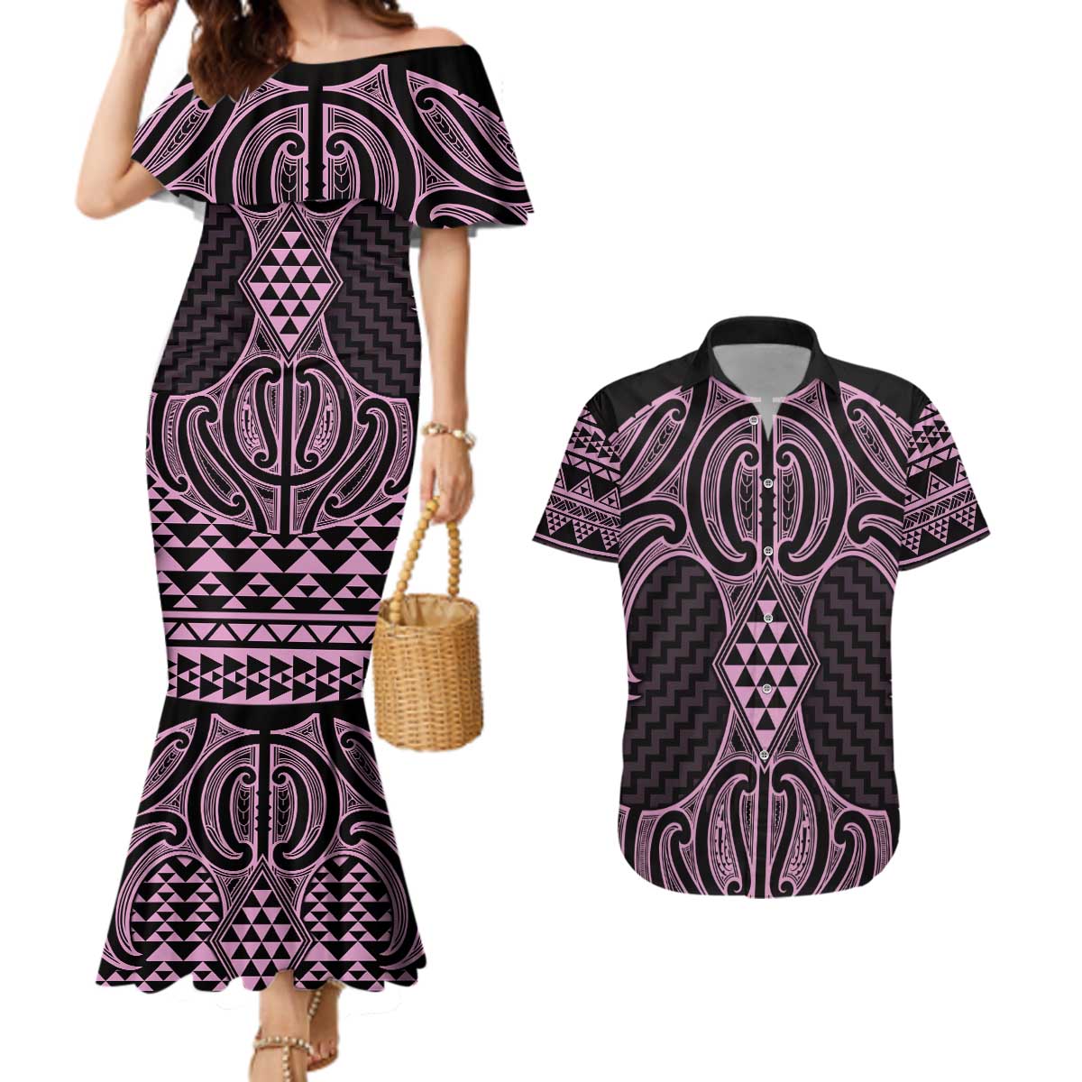 Mawhero Maori Ta Moko Poutama Art Couples Matching Mermaid Dress and Hawaiian Shirt
