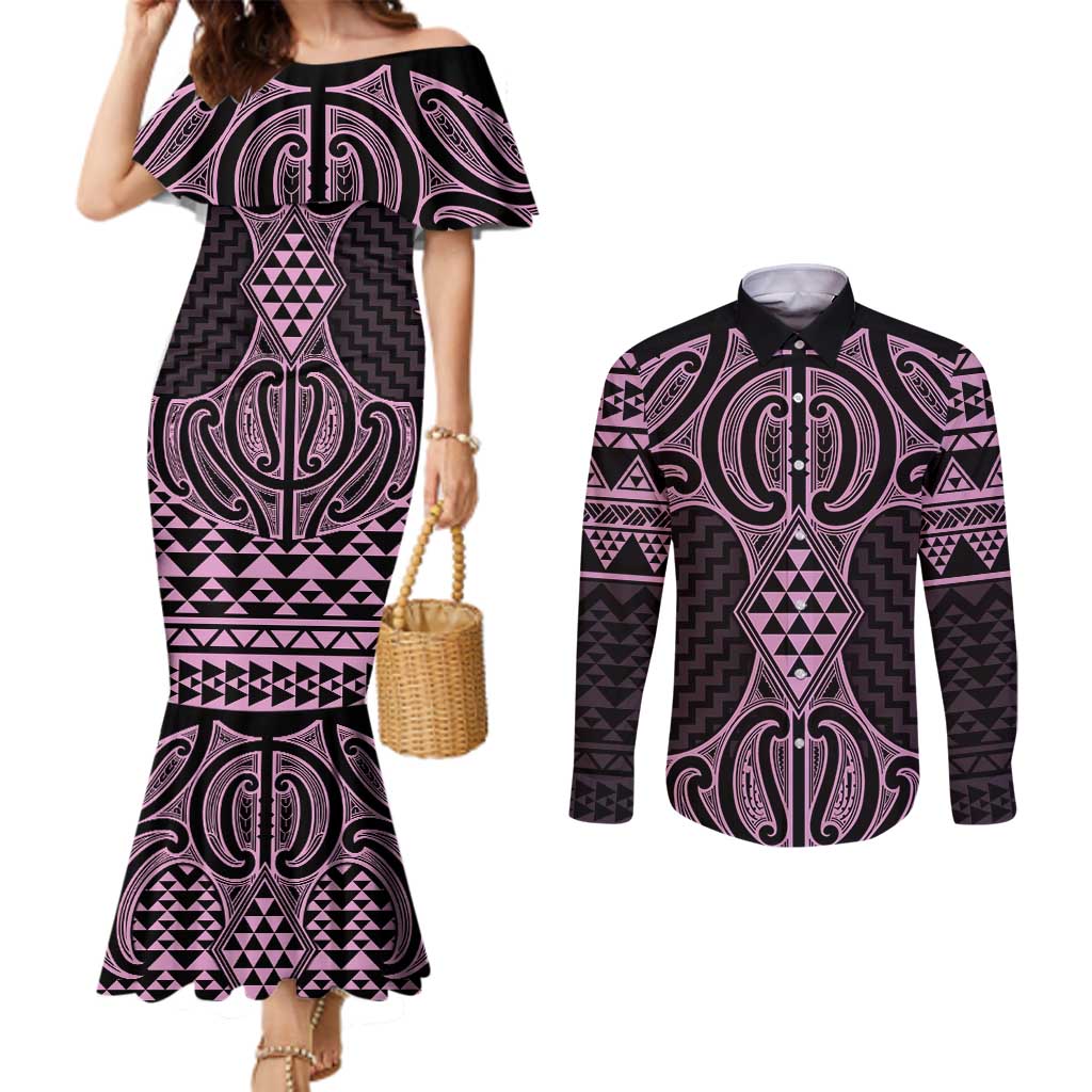 Mawhero Maori Ta Moko Poutama Art Couples Matching Mermaid Dress and Long Sleeve Button Shirt