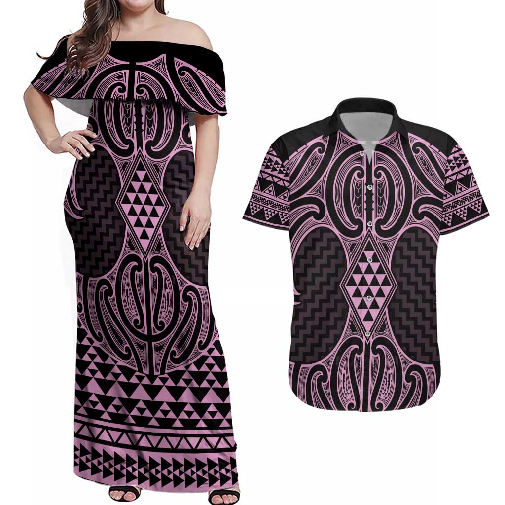 Mawhero Maori Ta Moko Poutama Art Couples Matching Off Shoulder Maxi Dress and Hawaiian Shirt