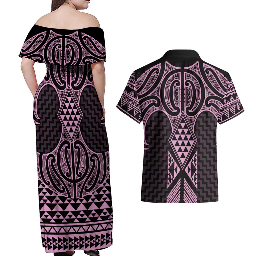 Mawhero Maori Ta Moko Poutama Art Couples Matching Off Shoulder Maxi Dress and Hawaiian Shirt