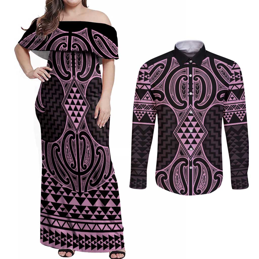 Mawhero Maori Ta Moko Poutama Art Couples Matching Off Shoulder Maxi Dress and Long Sleeve Button Shirt