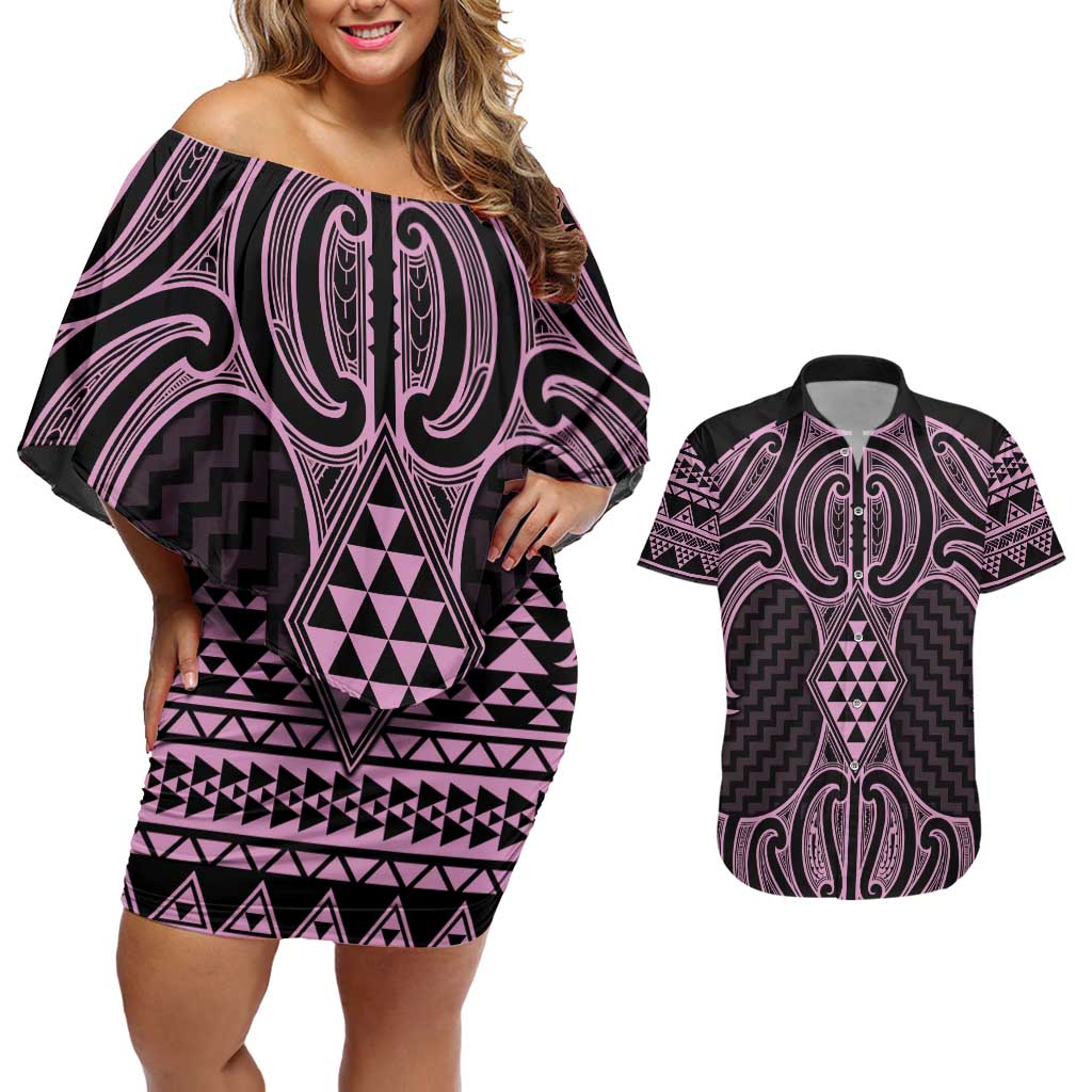 Mawhero Maori Ta Moko Poutama Art Couples Matching Off Shoulder Short Dress and Hawaiian Shirt