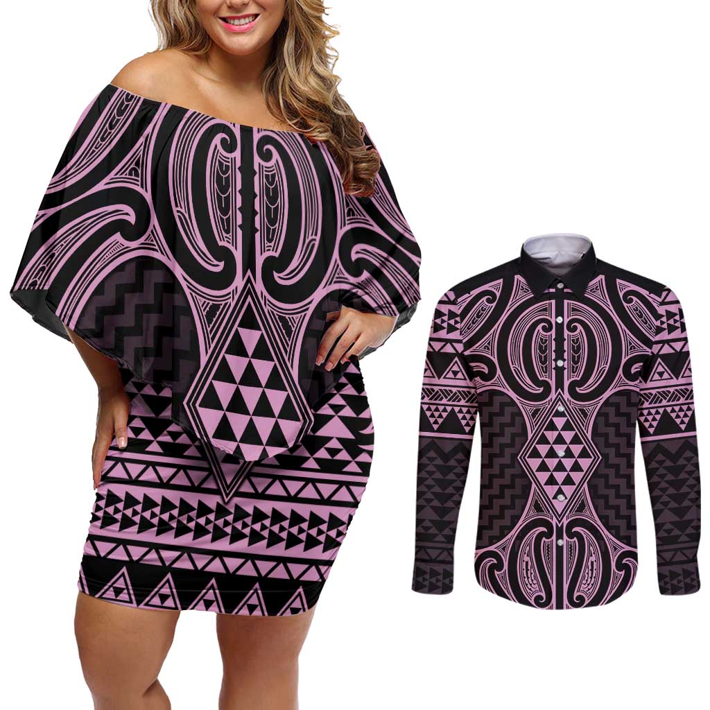 Mawhero Maori Ta Moko Poutama Art Couples Matching Off Shoulder Short Dress and Long Sleeve Button Shirt