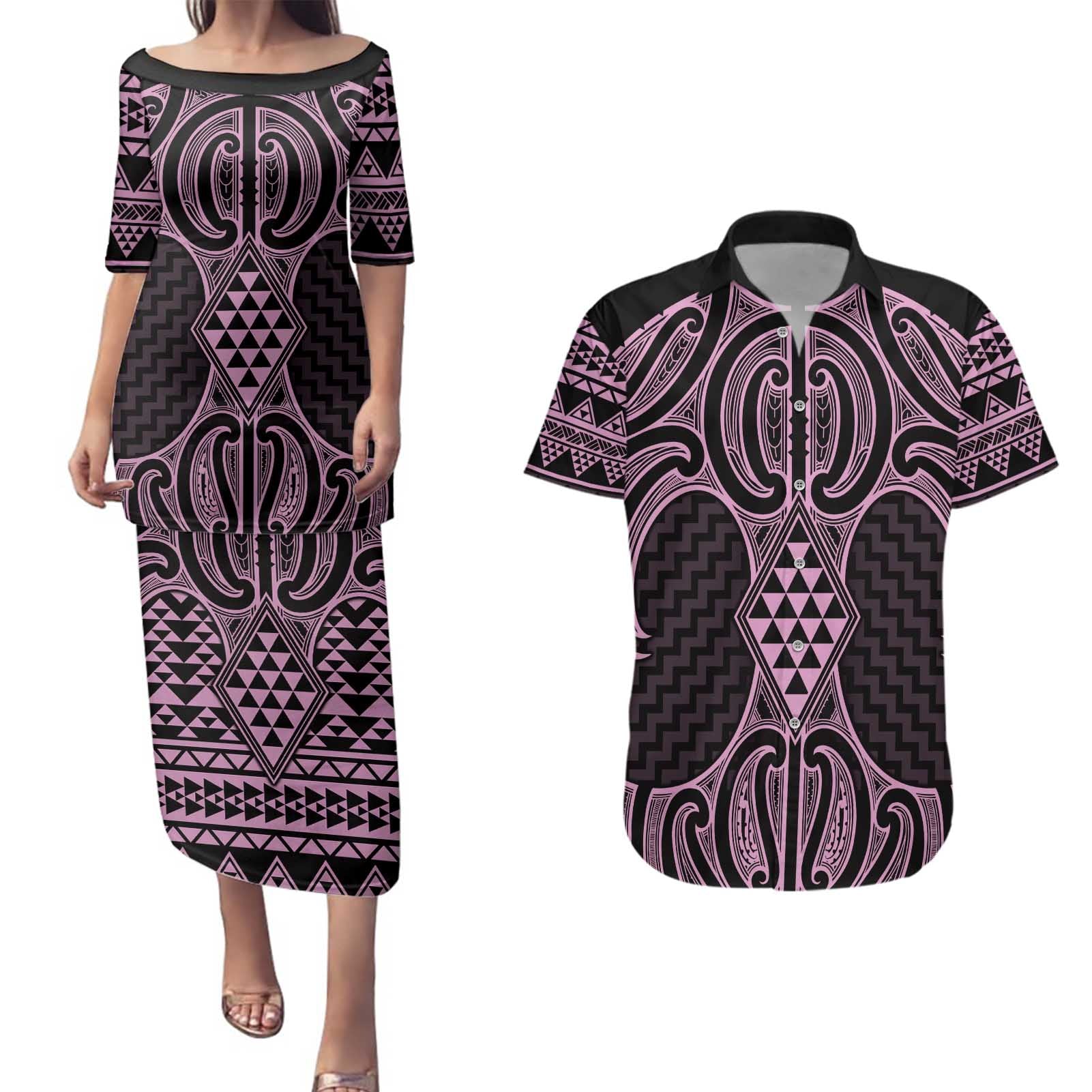 Mawhero Maori Ta Moko Poutama Art Couples Matching Puletasi and Hawaiian Shirt