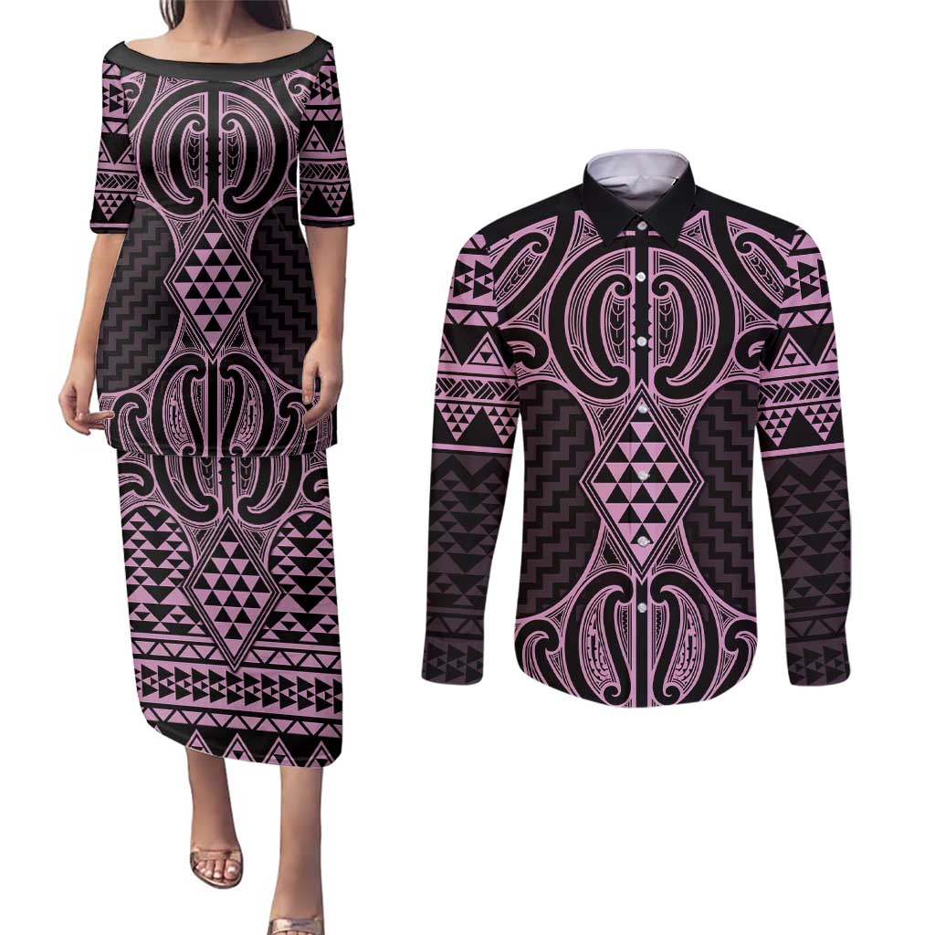 Mawhero Maori Ta Moko Poutama Art Couples Matching Puletasi and Long Sleeve Button Shirt