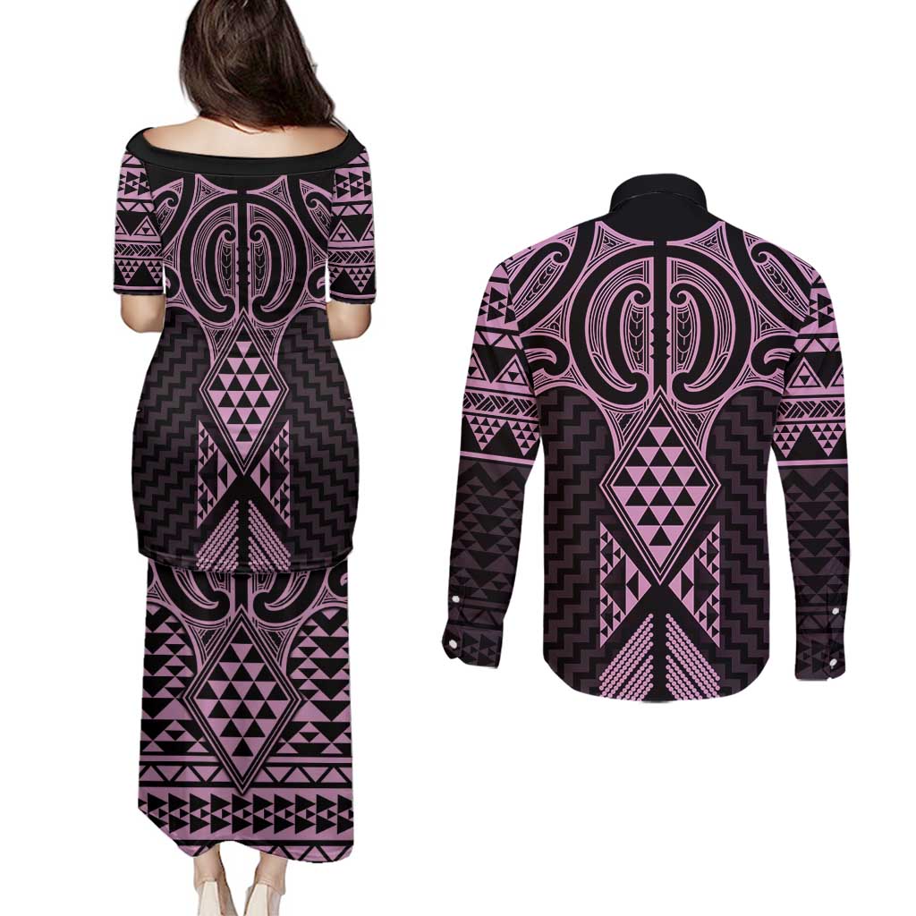 Mawhero Maori Ta Moko Poutama Art Couples Matching Puletasi and Long Sleeve Button Shirt LT9 - Polynesian Pride