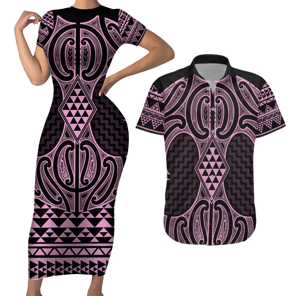 Mawhero Maori Ta Moko Poutama Art Couples Matching Short Sleeve Bodycon Dress and Hawaiian Shirt