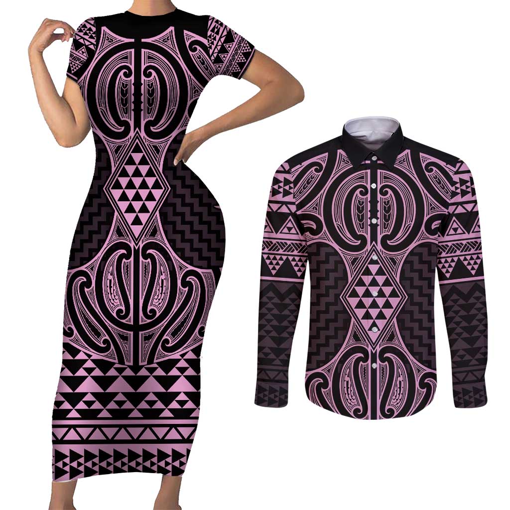 Mawhero Maori Ta Moko Poutama Art Couples Matching Short Sleeve Bodycon Dress and Long Sleeve Button Shirt