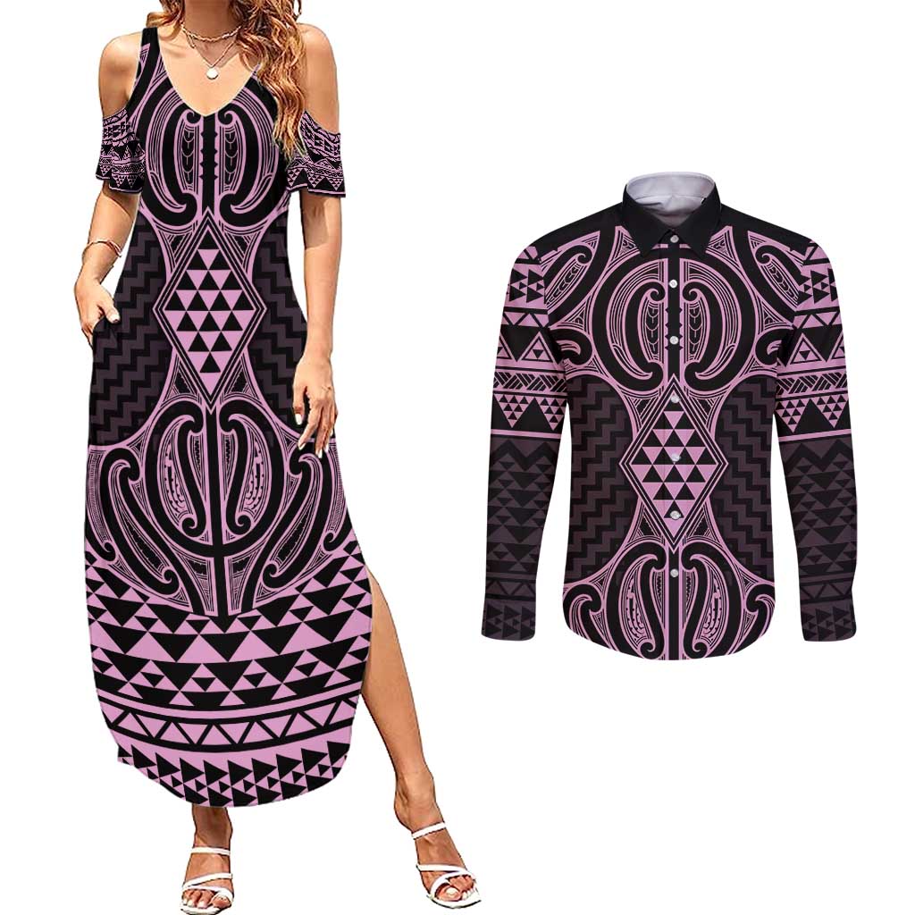 Mawhero Maori Ta Moko Poutama Art Couples Matching Summer Maxi Dress and Long Sleeve Button Shirt