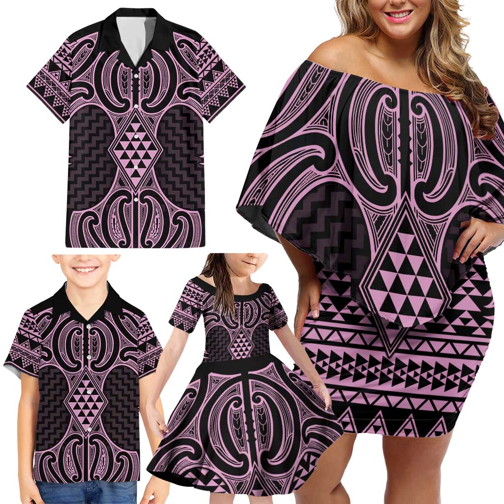 Mawhero Maori Ta Moko Poutama Art Family Matching Off Shoulder Short Dress and Hawaiian Shirt LT9 - Polynesian Pride