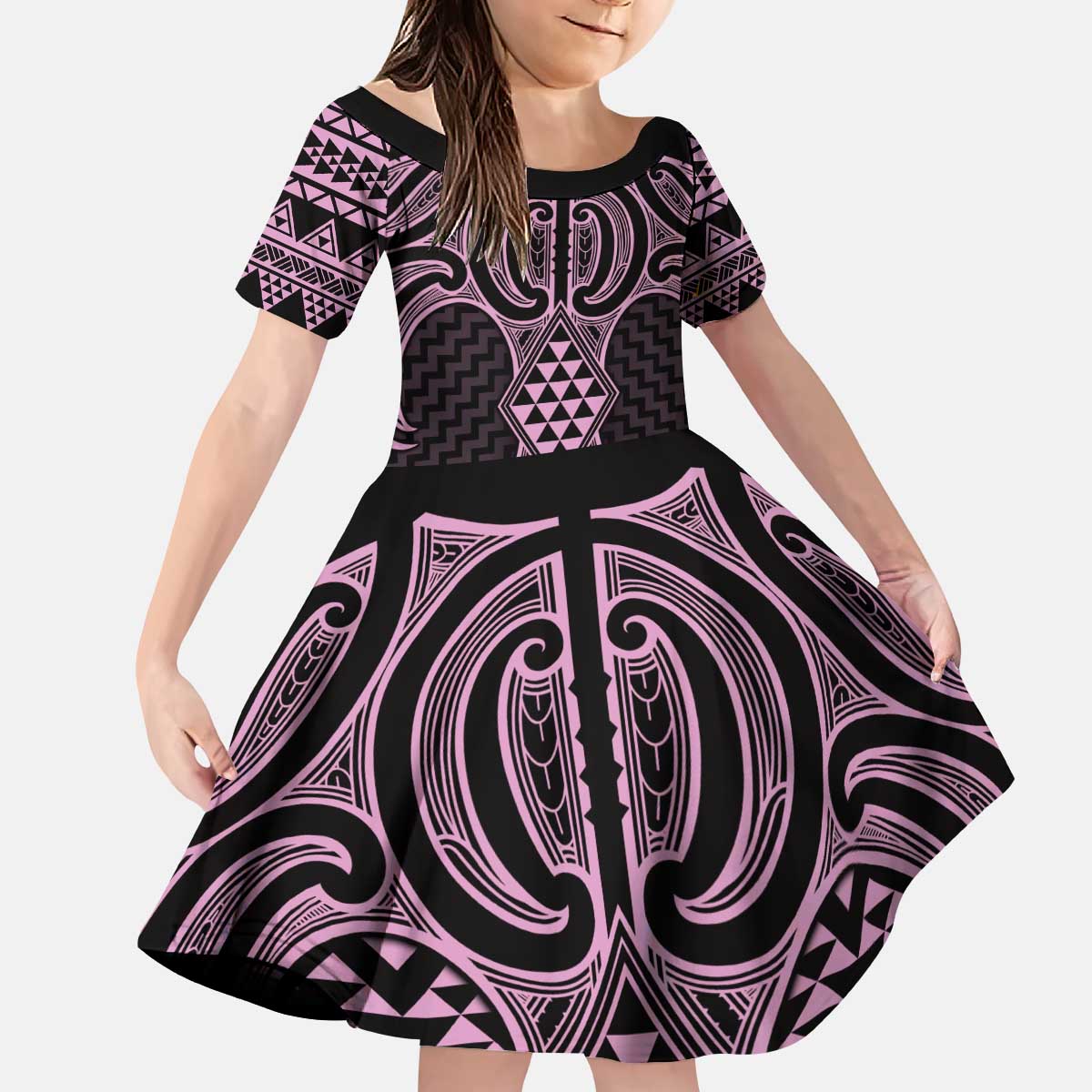 Mawhero Maori Ta Moko Poutama Art Kid Short Sleeve Dress LT9 KID Pink - Polynesian Pride