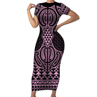 Mawhero Maori Ta Moko Poutama Art Short Sleeve Bodycon Dress