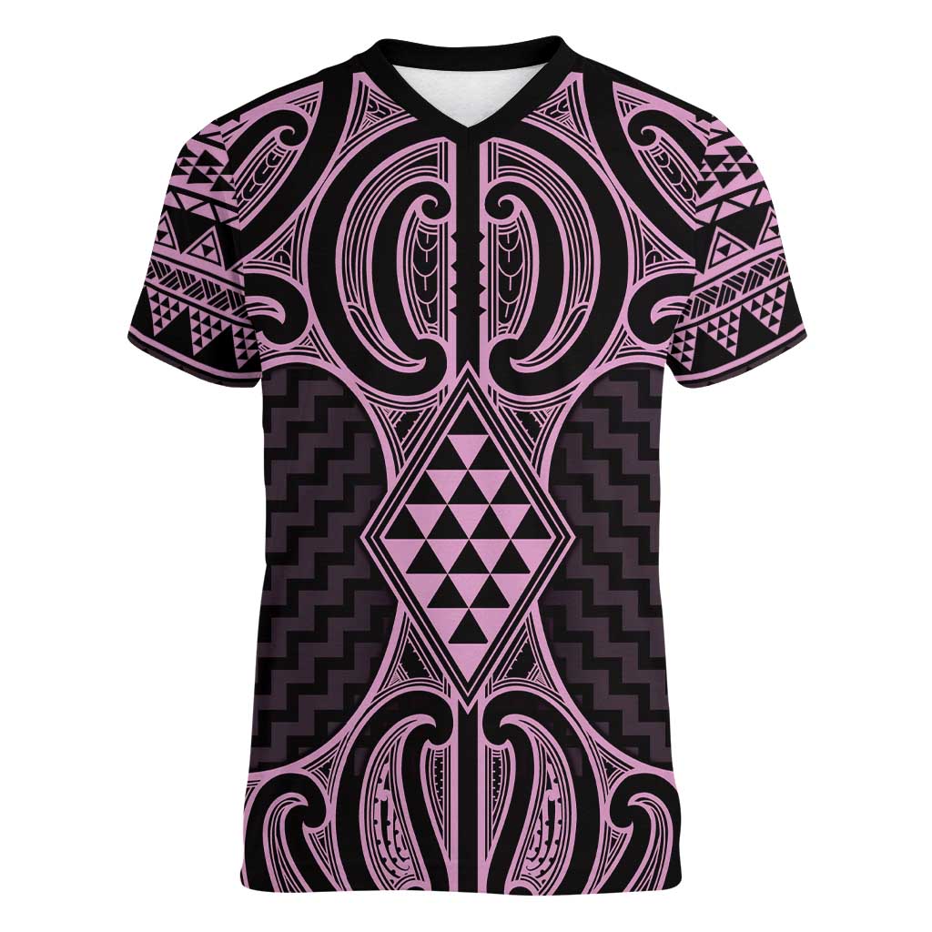 Mawhero Maori Ta Moko Poutama Art Women V-Neck T-Shirt