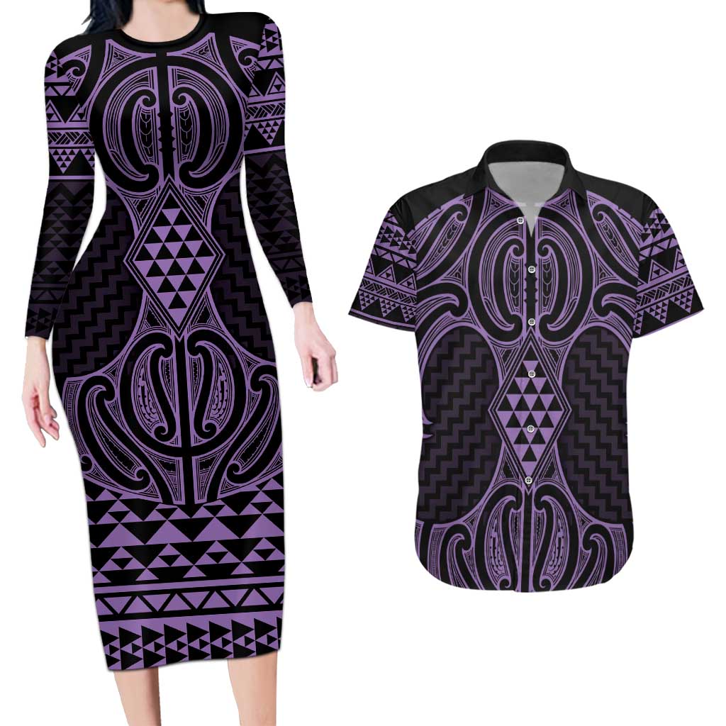 Waiporoporo Maori Ta Moko Poutama Art Couples Matching Long Sleeve Bodycon Dress and Hawaiian Shirt