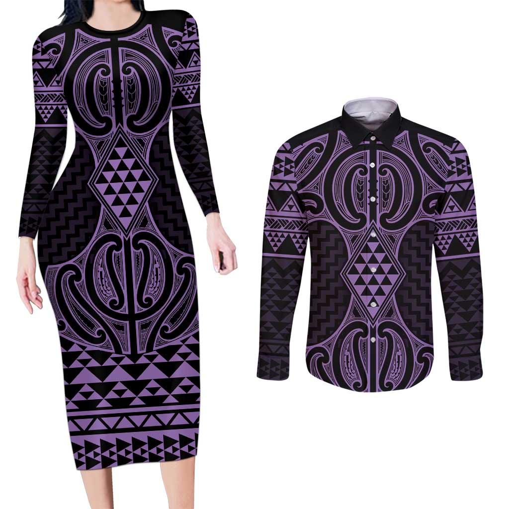 Waiporoporo Maori Ta Moko Poutama Art Couples Matching Long Sleeve Bodycon Dress and Long Sleeve Button Shirt