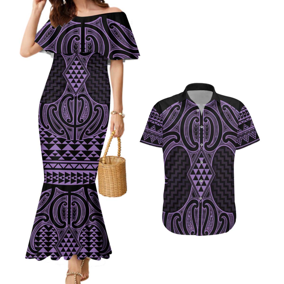 Waiporoporo Maori Ta Moko Poutama Art Couples Matching Mermaid Dress and Hawaiian Shirt