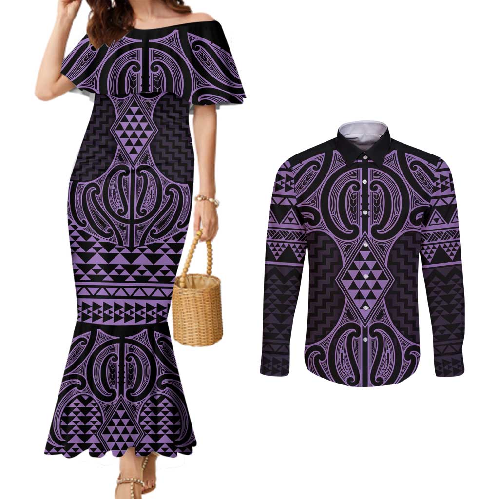 Waiporoporo Maori Ta Moko Poutama Art Couples Matching Mermaid Dress and Long Sleeve Button Shirt