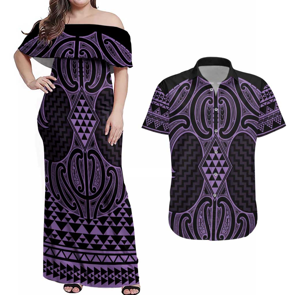 Waiporoporo Maori Ta Moko Poutama Art Couples Matching Off Shoulder Maxi Dress and Hawaiian Shirt