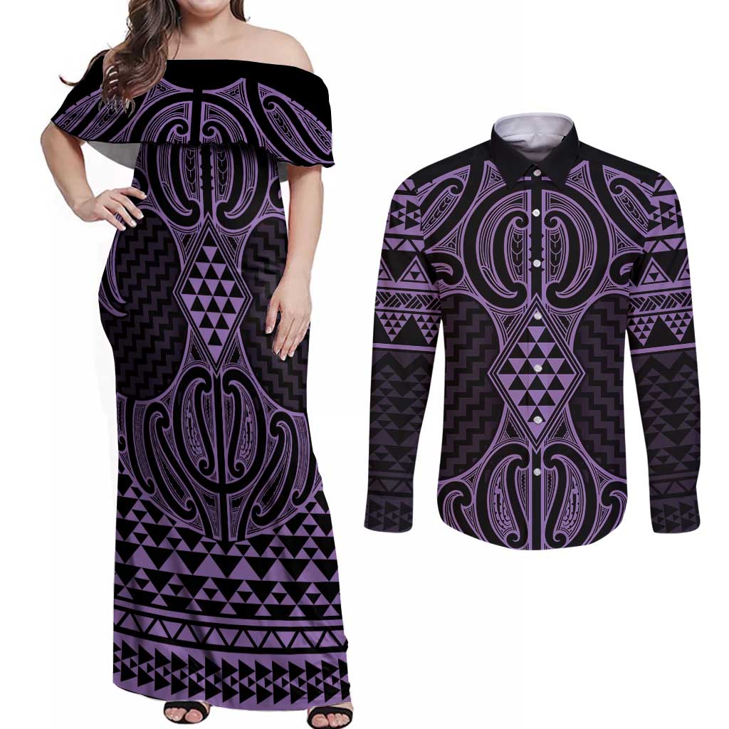 Waiporoporo Maori Ta Moko Poutama Art Couples Matching Off Shoulder Maxi Dress and Long Sleeve Button Shirt LT9 Purple - Polynesian Pride