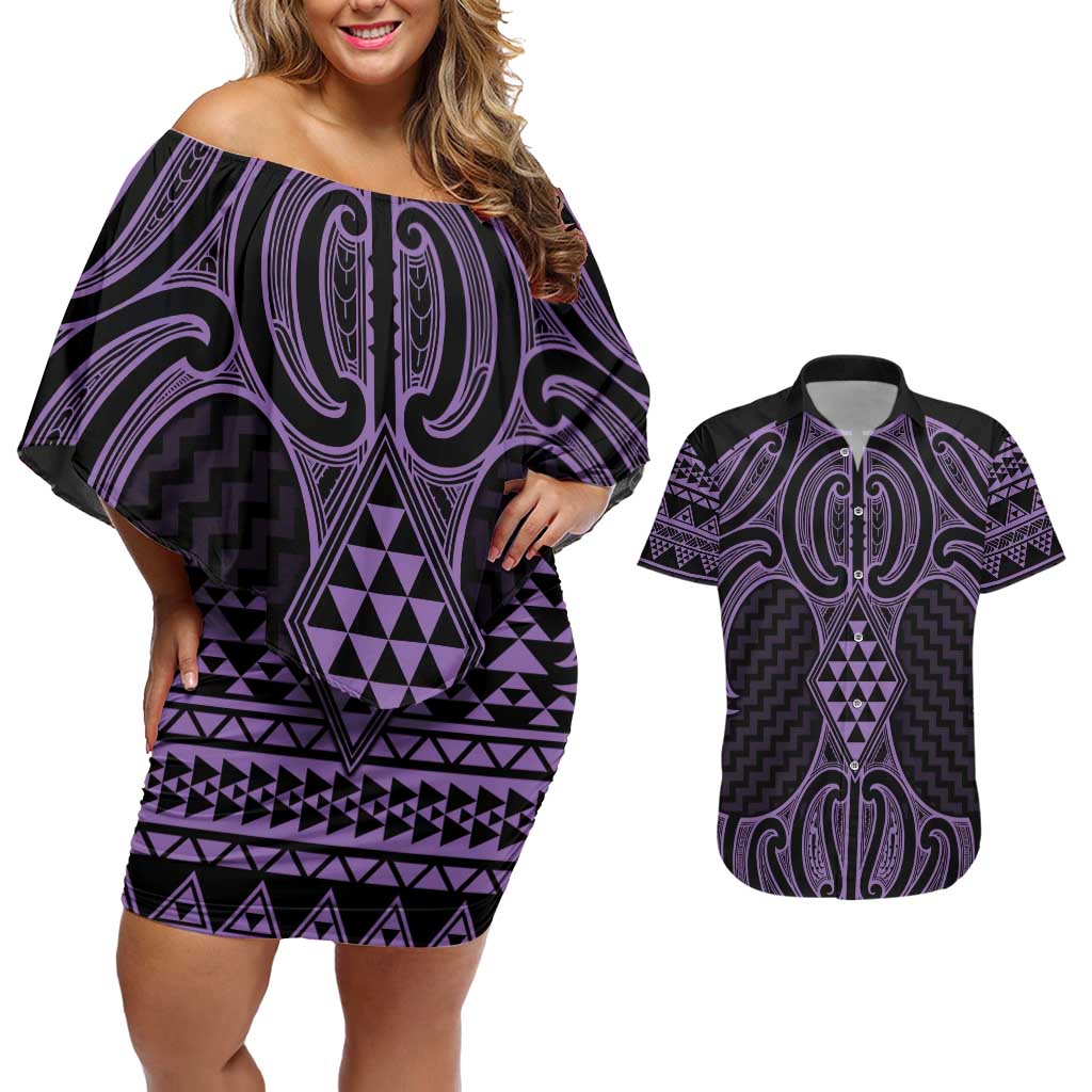 Waiporoporo Maori Ta Moko Poutama Art Couples Matching Off Shoulder Short Dress and Hawaiian Shirt