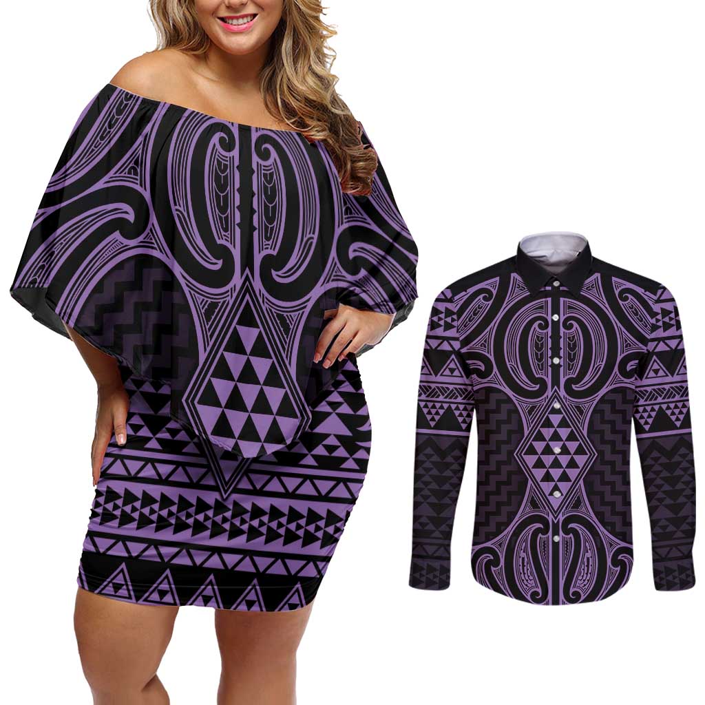 Waiporoporo Maori Ta Moko Poutama Art Couples Matching Off Shoulder Short Dress and Long Sleeve Button Shirt LT9 Purple - Polynesian Pride
