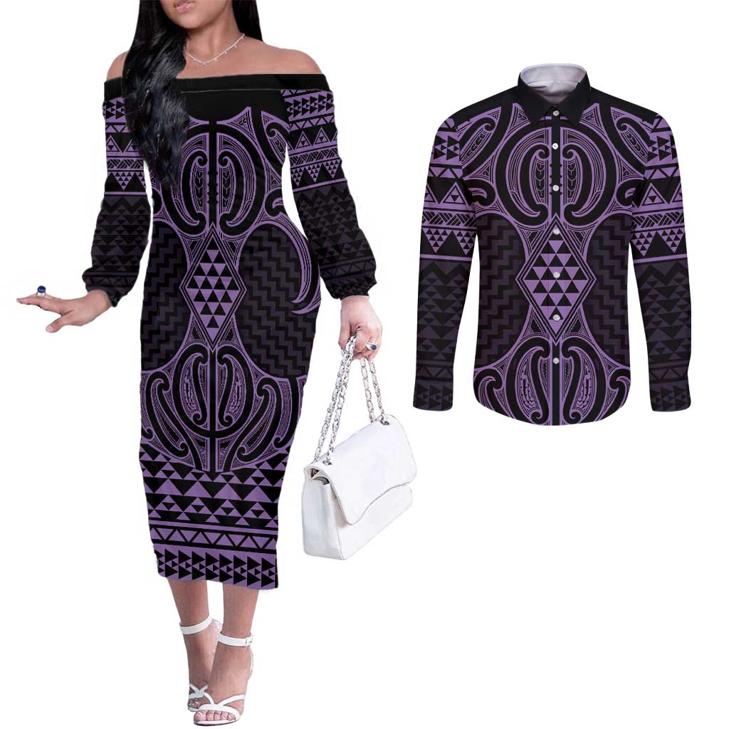 Waiporoporo Maori Ta Moko Poutama Art Couples Matching Off The Shoulder Long Sleeve Dress and Long Sleeve Button Shirt