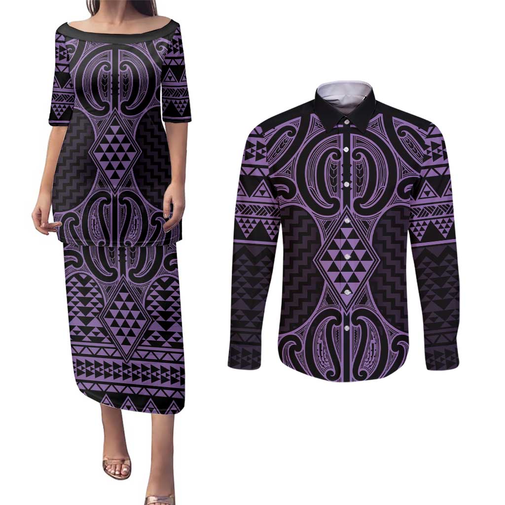 Waiporoporo Maori Ta Moko Poutama Art Couples Matching Puletasi and Long Sleeve Button Shirt