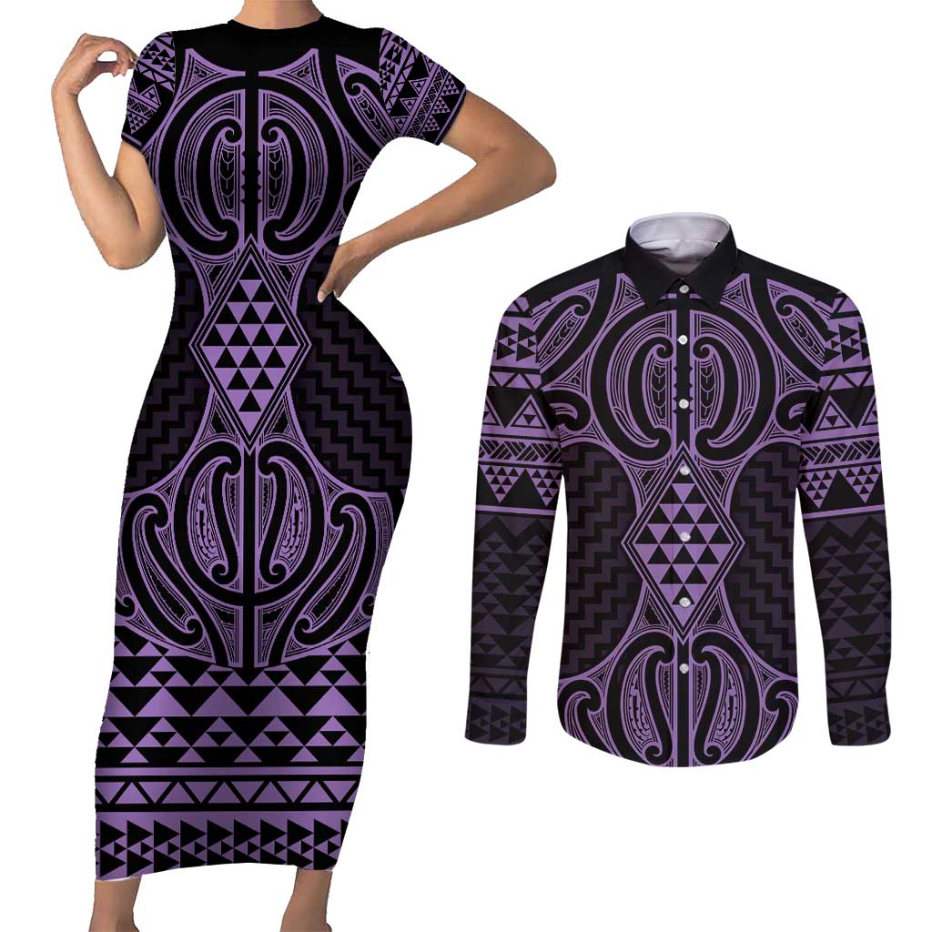 Waiporoporo Maori Ta Moko Poutama Art Couples Matching Short Sleeve Bodycon Dress and Long Sleeve Button Shirt