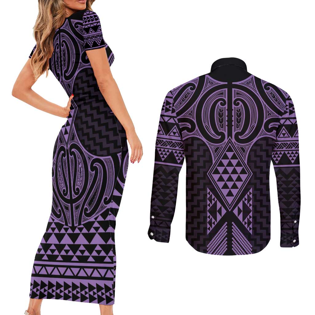 Waiporoporo Maori Ta Moko Poutama Art Couples Matching Short Sleeve Bodycon Dress and Long Sleeve Button Shirt