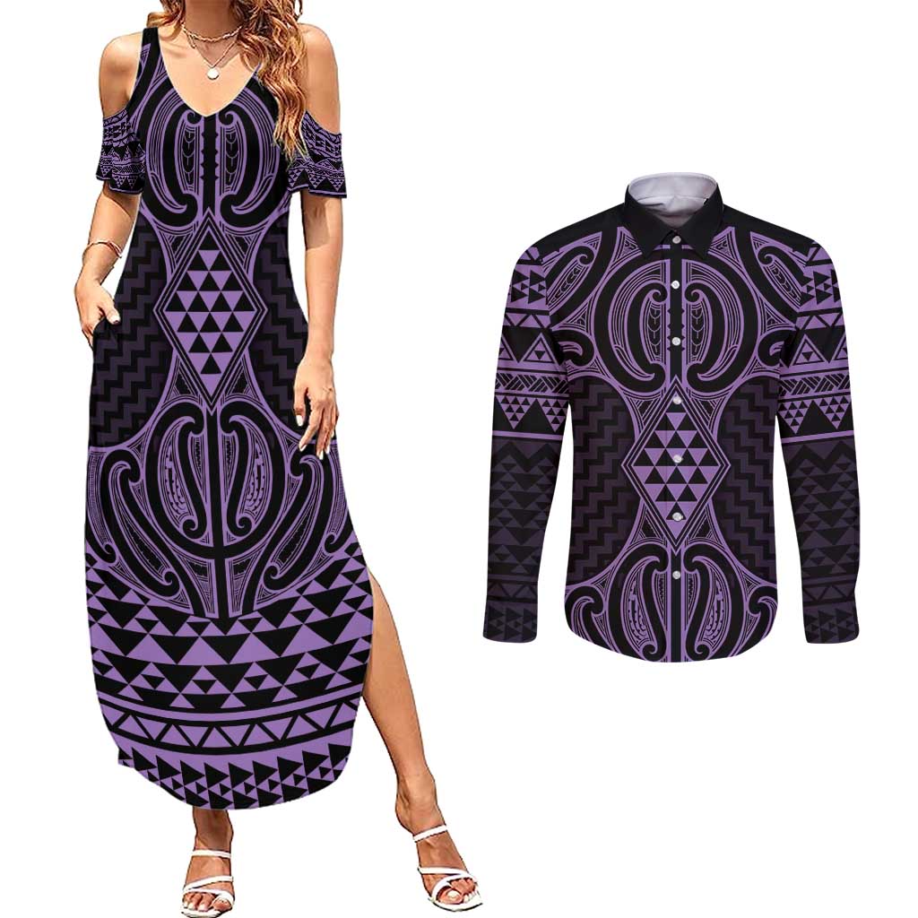 Waiporoporo Maori Ta Moko Poutama Art Couples Matching Summer Maxi Dress and Long Sleeve Button Shirt