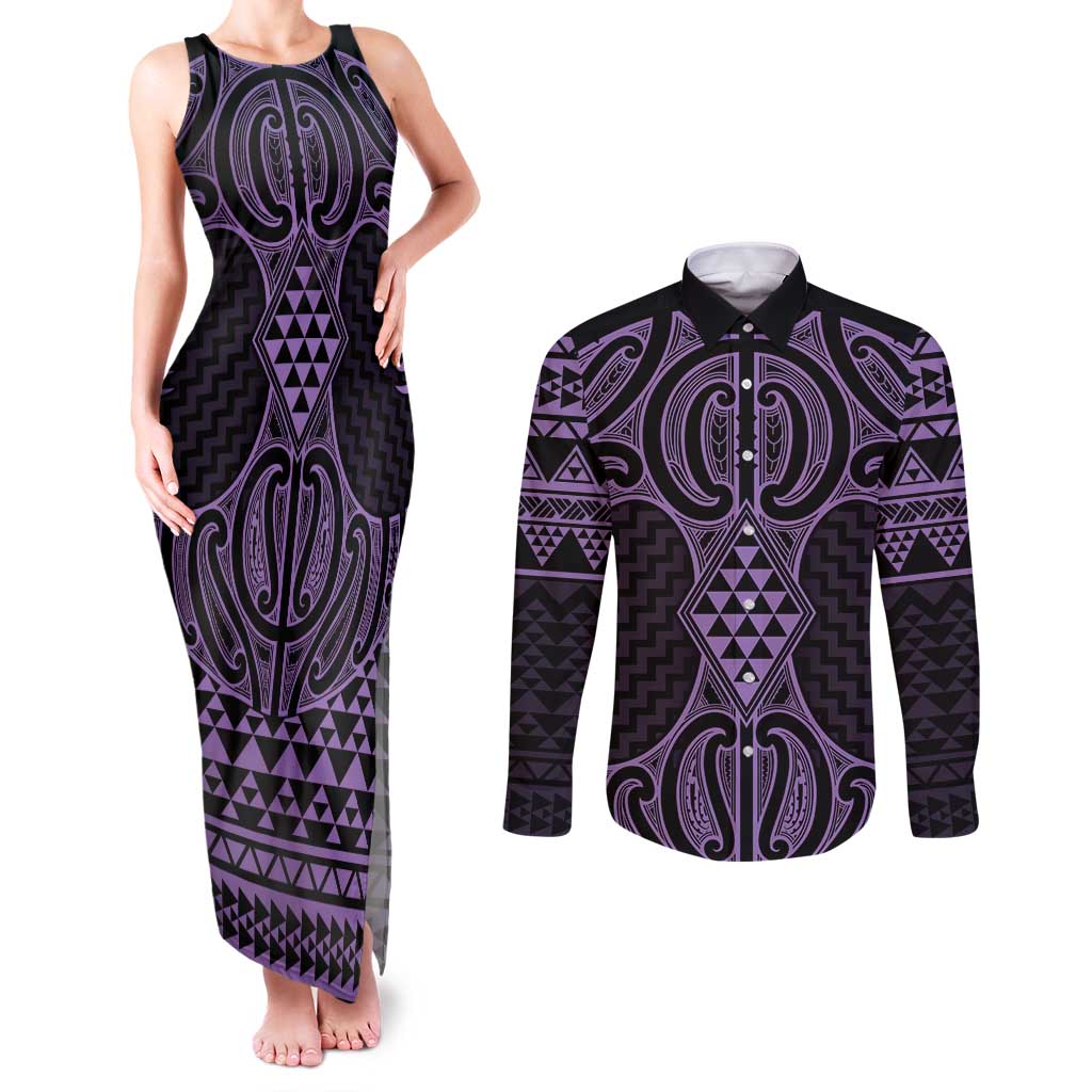 Waiporoporo Maori Ta Moko Poutama Art Couples Matching Tank Maxi Dress and Long Sleeve Button Shirt