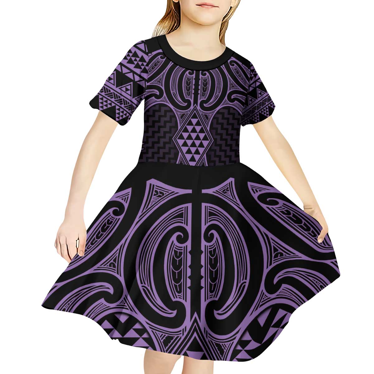 Waiporoporo Maori Ta Moko Poutama Art Kid Short Sleeve Dress LT9 - Polynesian Pride