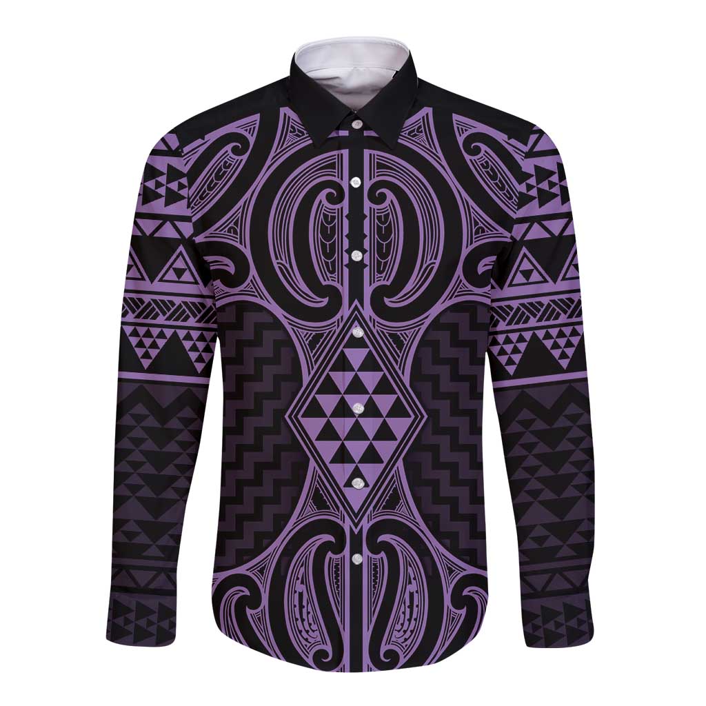 Waiporoporo Maori Ta Moko Poutama Art Long Sleeve Button Shirt LT9 Unisex Purple - Polynesian Pride
