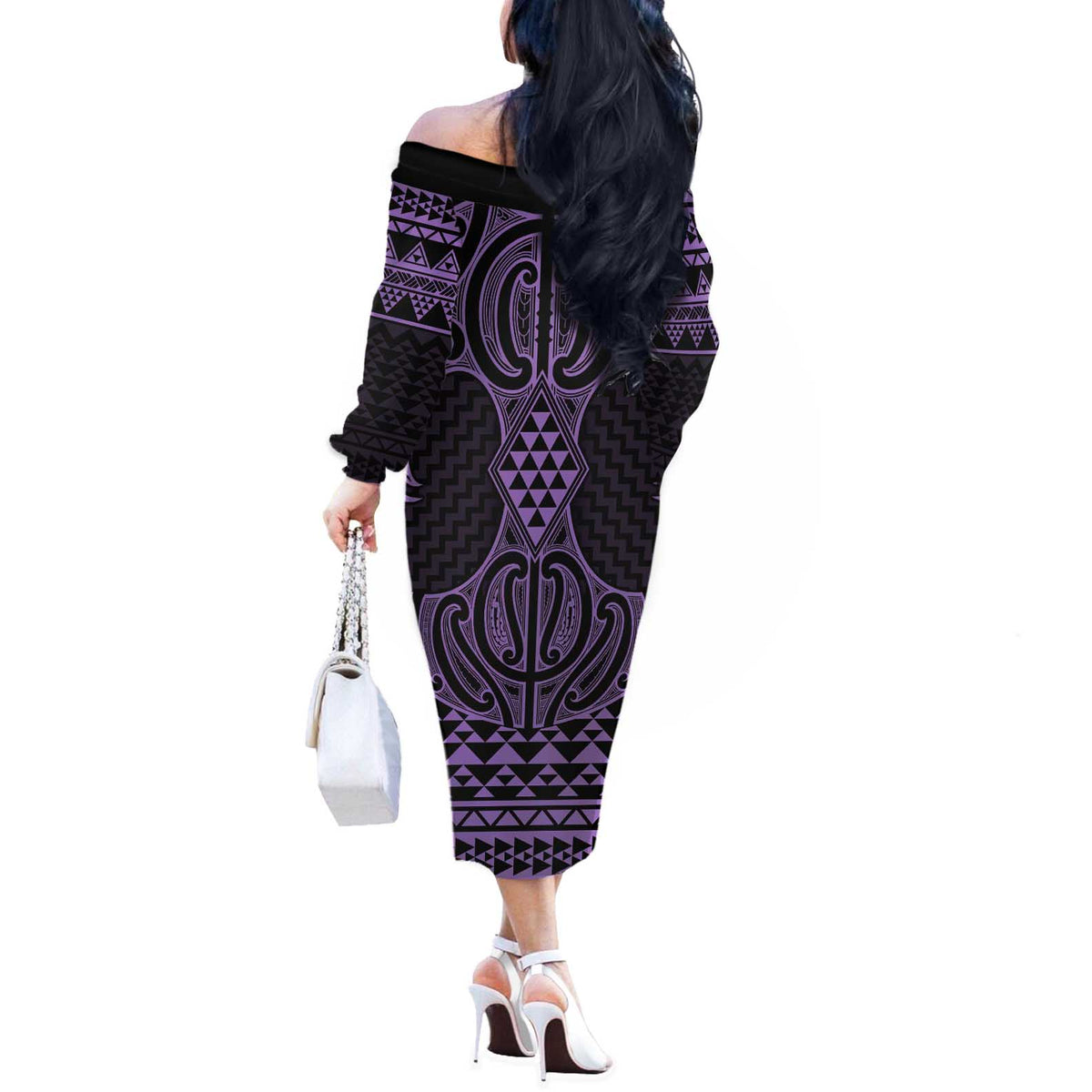 Waiporoporo Maori Ta Moko Poutama Art Off The Shoulder Long Sleeve Dress